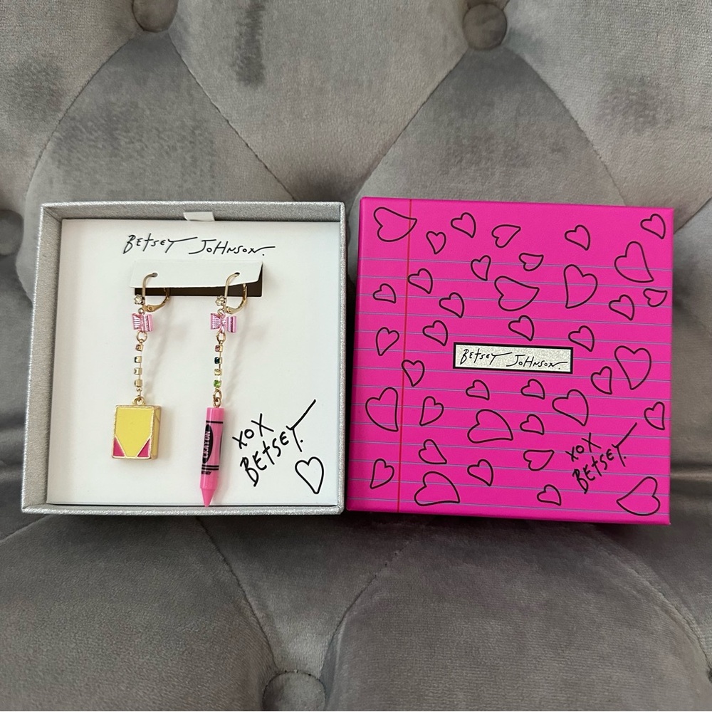 New Betsey Johnson Back To‎ School Pink Bow Mismatch Crayon Box Teacher Earrings